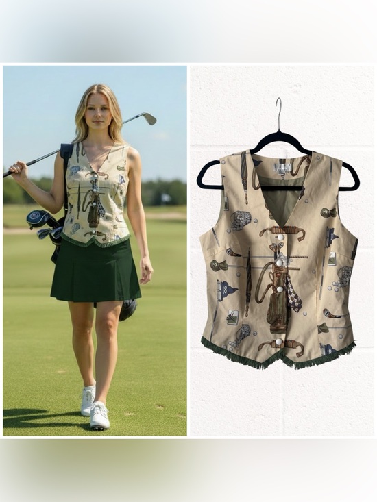 Tapp Tops - Tapp New York Golf Print Button Front Vest With Fringe, Large